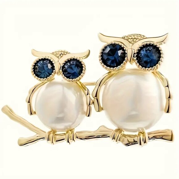 Pearl Owl Brooch Rhinestone Pin Gold Branch Bird Blue Gems Coat Lapel Big Eyes - Picture 3 of 3